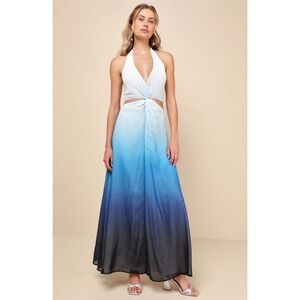 Gradient Blue Halter Maxi Dress with Twist Front